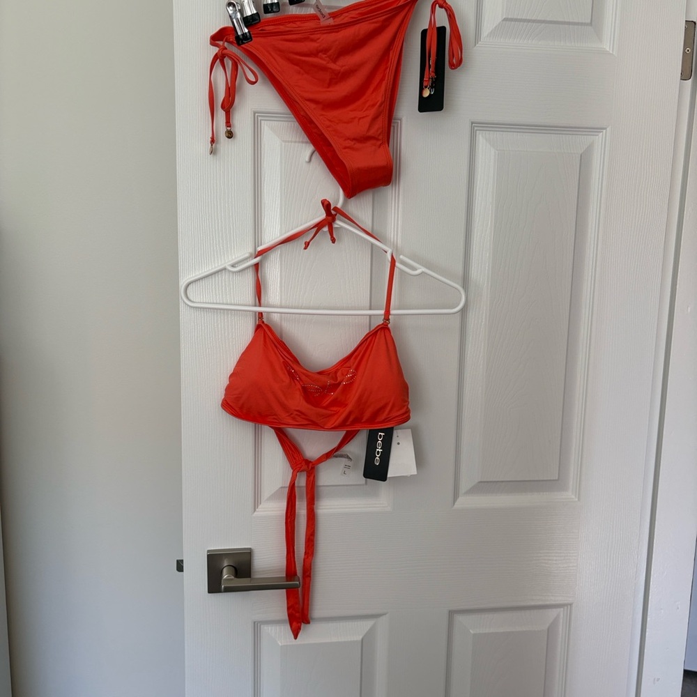 NWT bebe Orange-Red Tie-Back Bikini Top and Side-Tie Bottoms